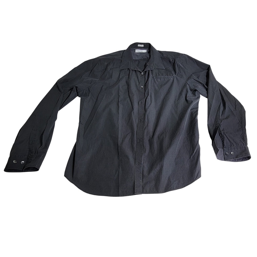 Calvin Klein Mens XXL Charcoal Grey Pinstripe Cotton Button Down Shirt